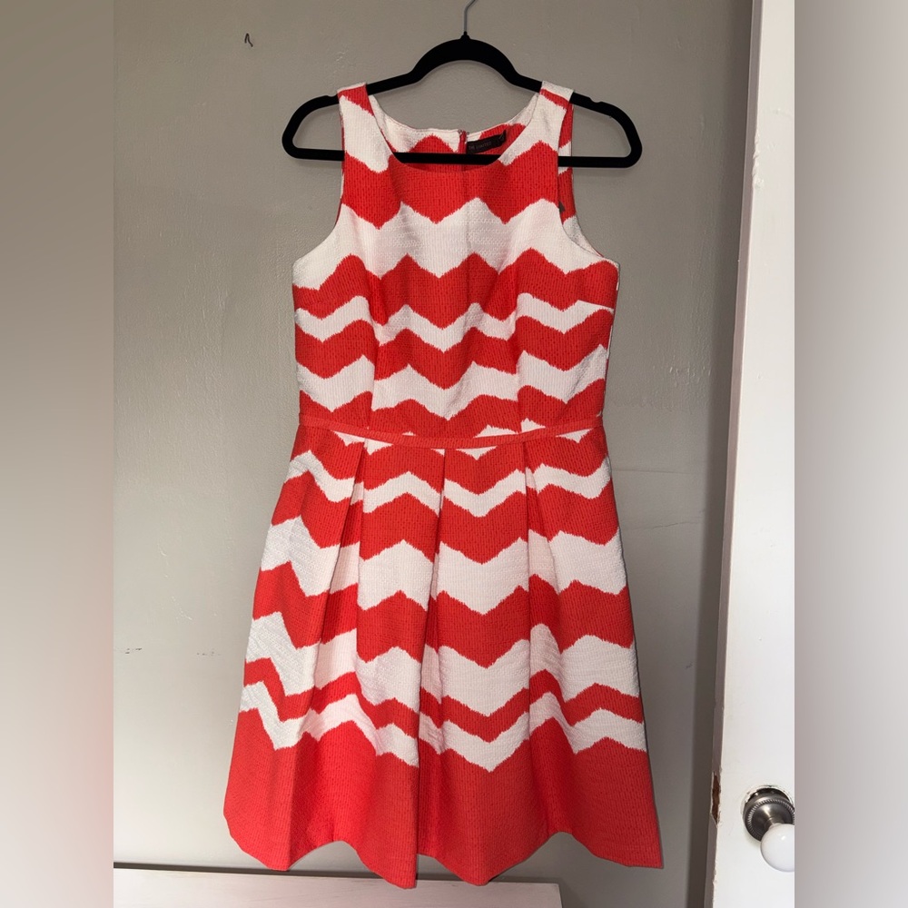 Chevron Fit-and-Flare Dress in Coral and White by The Limited